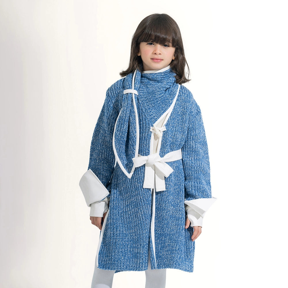 Long Knit Coat with Leather Trim