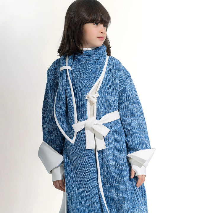 Long Knit Coat with Leather Trim