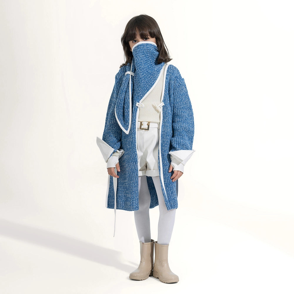 Long Knit Coat with Leather Trim