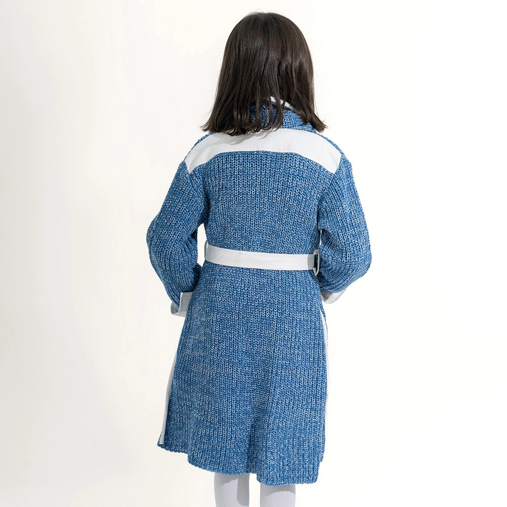 Long Knit Coat with Leather Trim