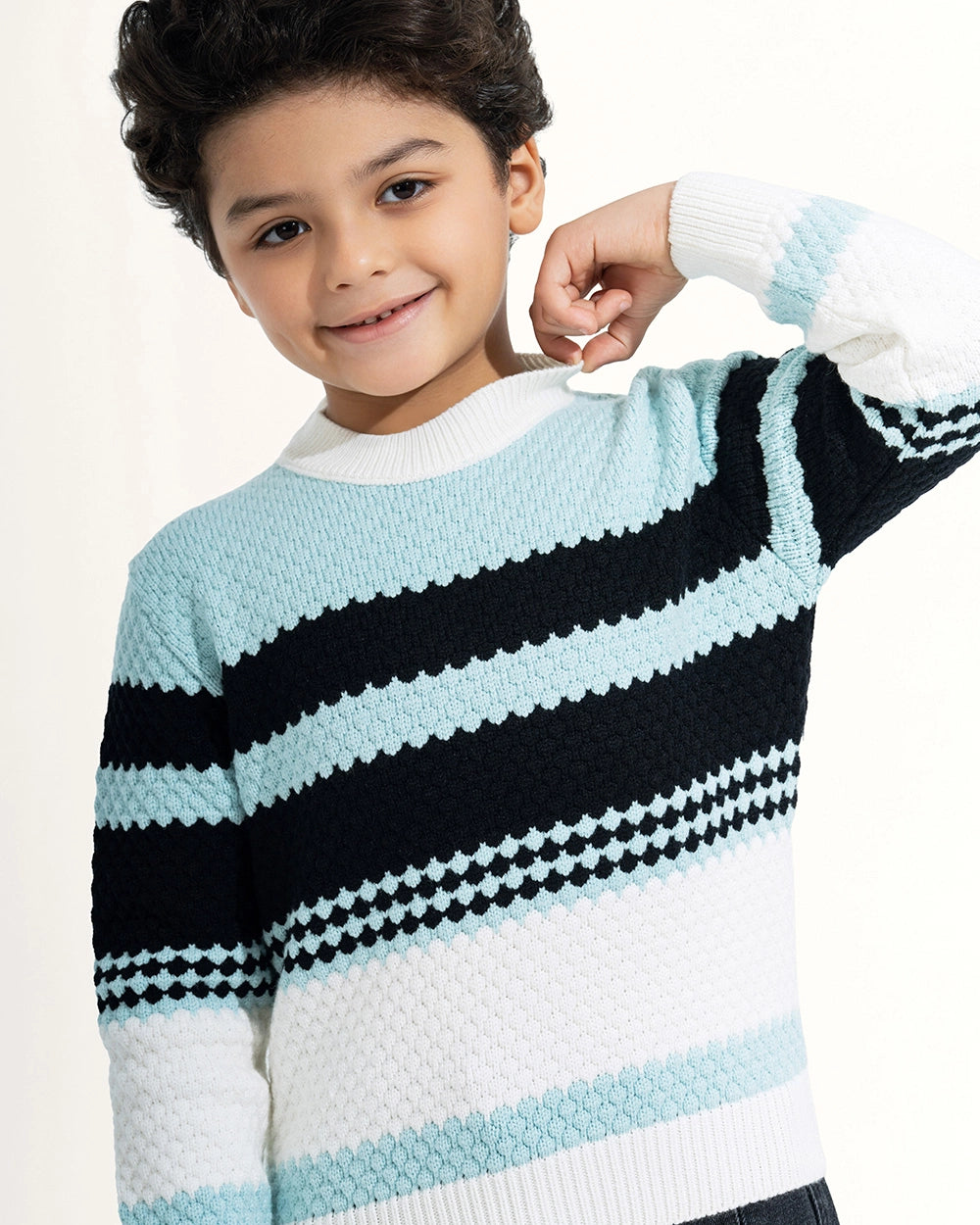 Ribbed Neck Block Stripe Pullover