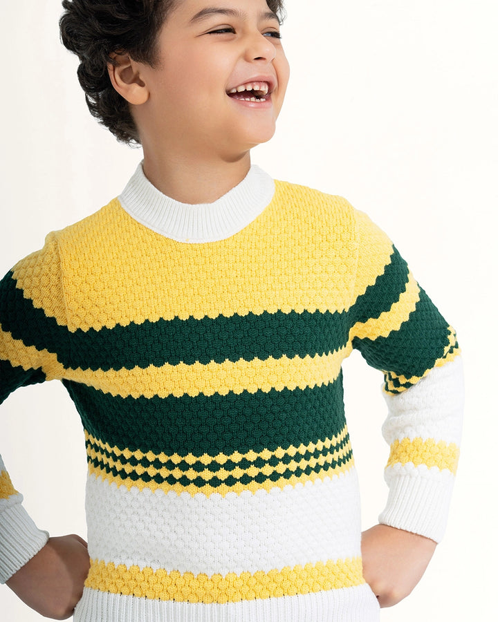 Ribbed Neck Block Stripe Pullover