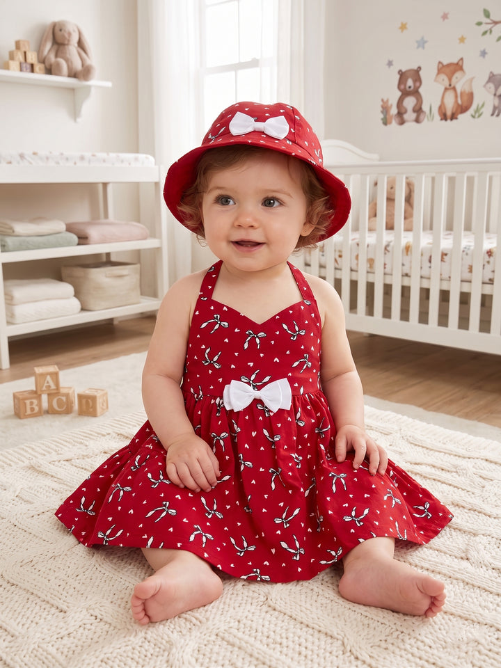Sweet Heart Printed Dress With Sun Hat