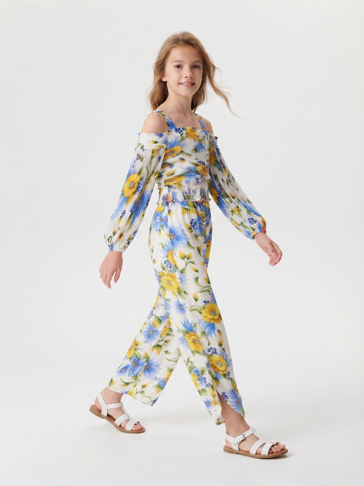 Girls' Floral Print Pleated Off-Shoulder Top & Tulip Pants Set