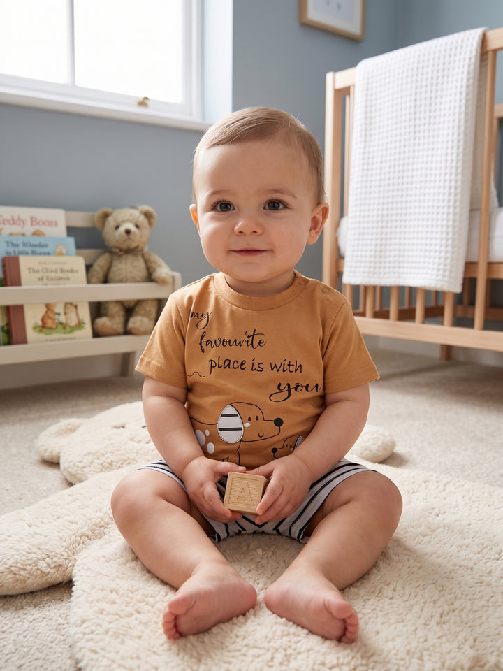 Cozy Mustard Puppy Tee & Stripes Set