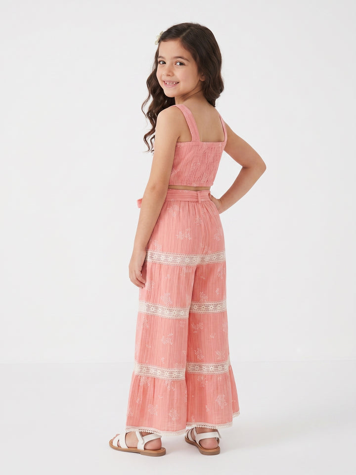 Girls' Elegant Lace-Detail Summer Crop Top and Pants Set