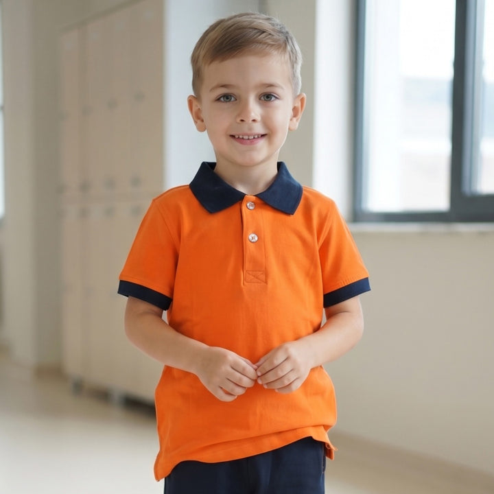 100% Cotton Orange Short-Sleeve Polo Shirt with Navy Blue Collar (