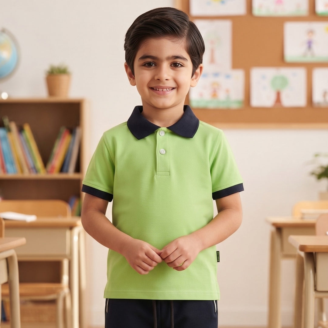 100% Cotton Lime Green Short-Sleeve Polo Shirt with Navy Collar