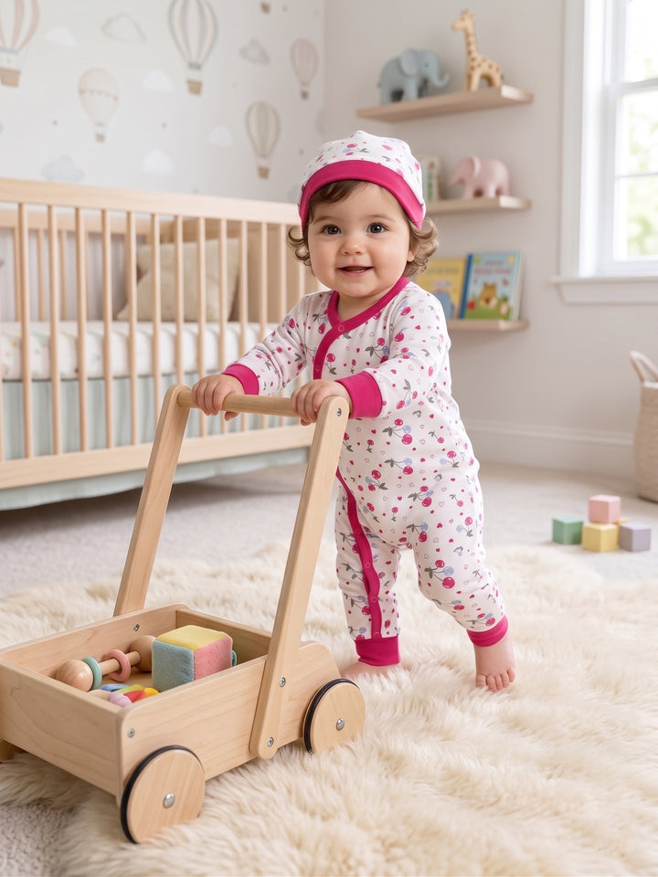 Sweet Cherry Print Baby Jumpsuit & Beanie Set