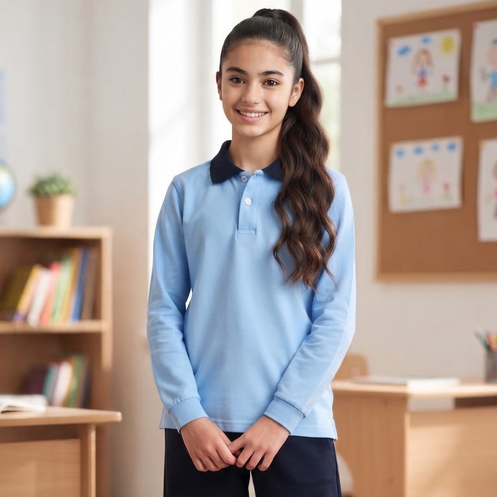 100% Cotton Light Blue Long-Sleeve Polo Shirt with Navy Collar