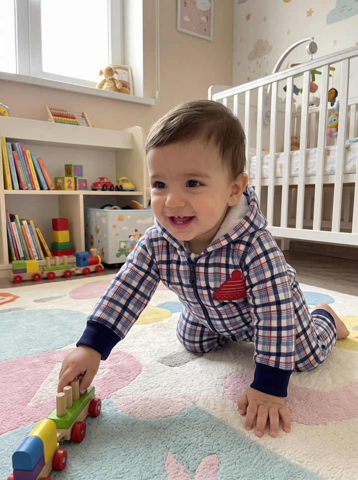 Plaid Beanie-Badge Hooded Baby Romper