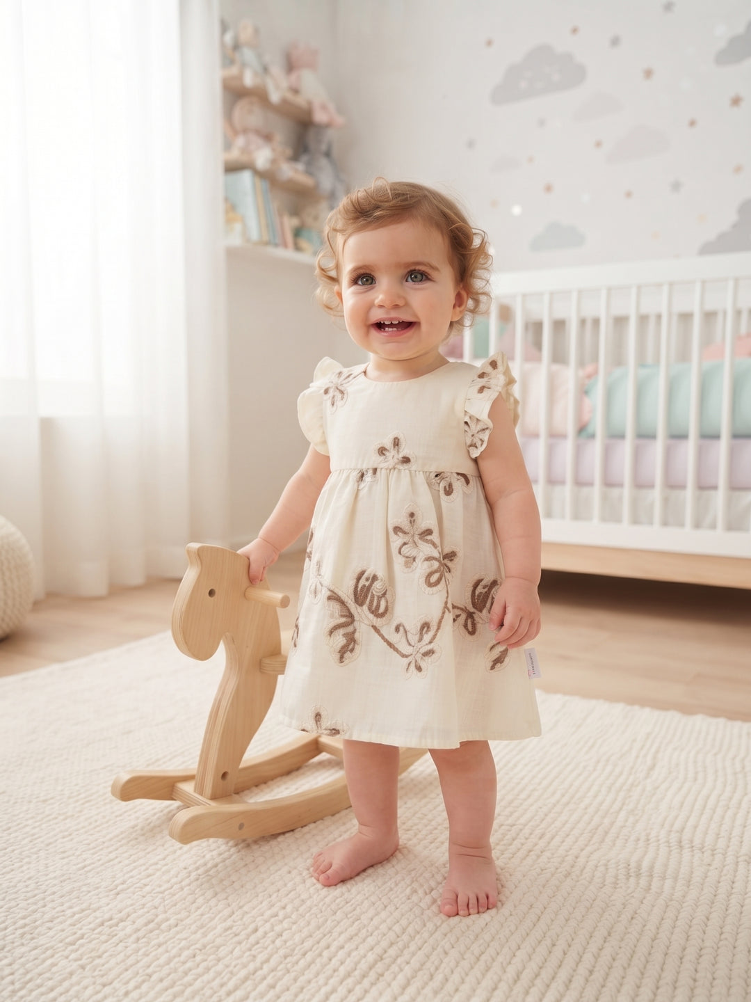 Vintage Floral Embroidered Baby Dress - Cream & Mocha
