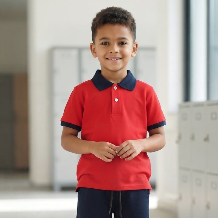 100% Cotton Red Short-Sleeve Polo Shirt with Navy Blue Collar