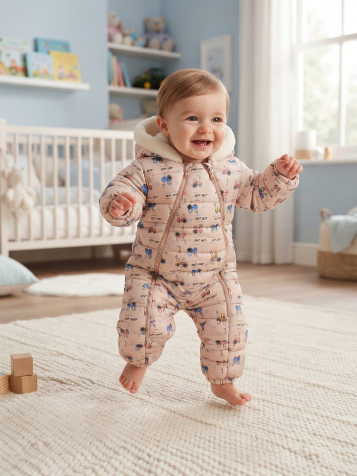 Tractor Print Dual-Zip Baby Snowsuit