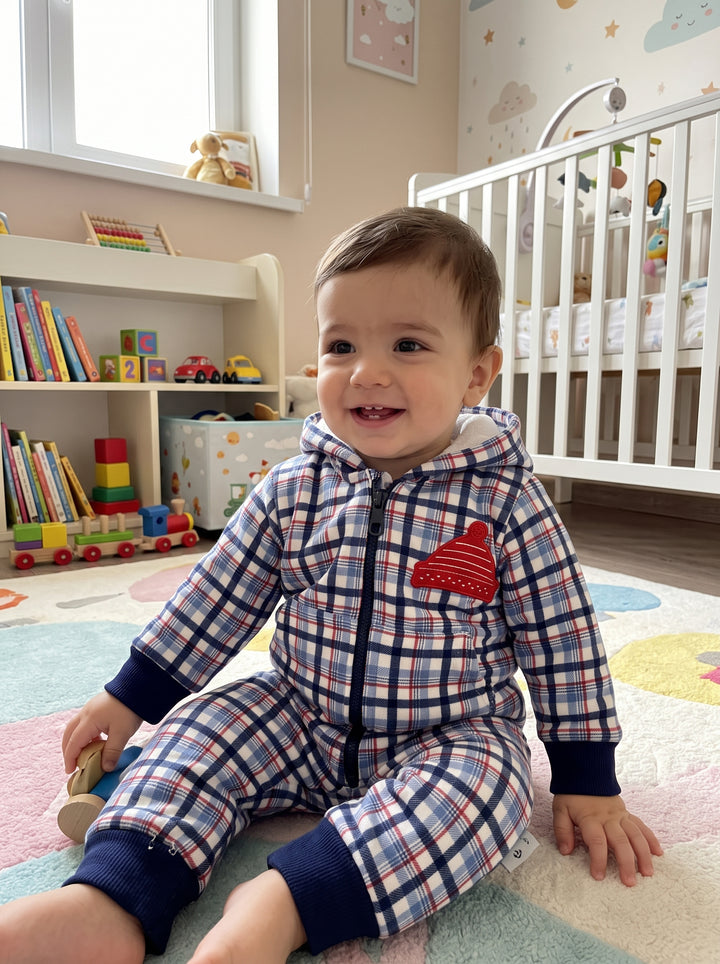 Plaid Beanie-Badge Hooded Baby Romper