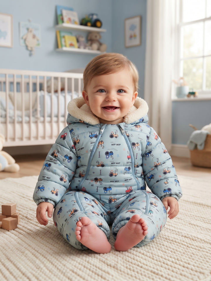 Tractor Print Dual-Zip Baby Snowsuit