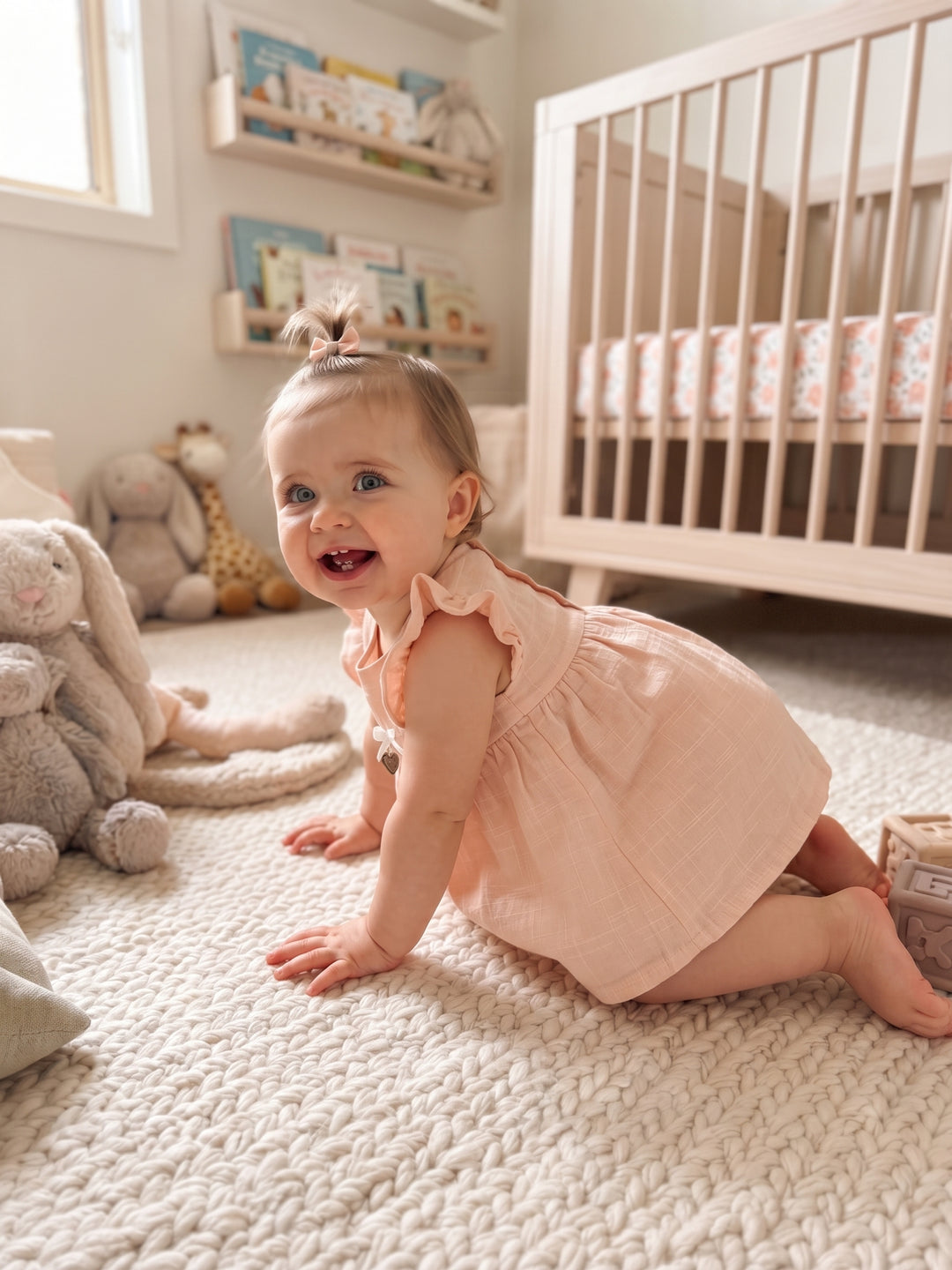 Baby Girl Linen-Blend Flutter Sleeve Dress with Ribbon Bow