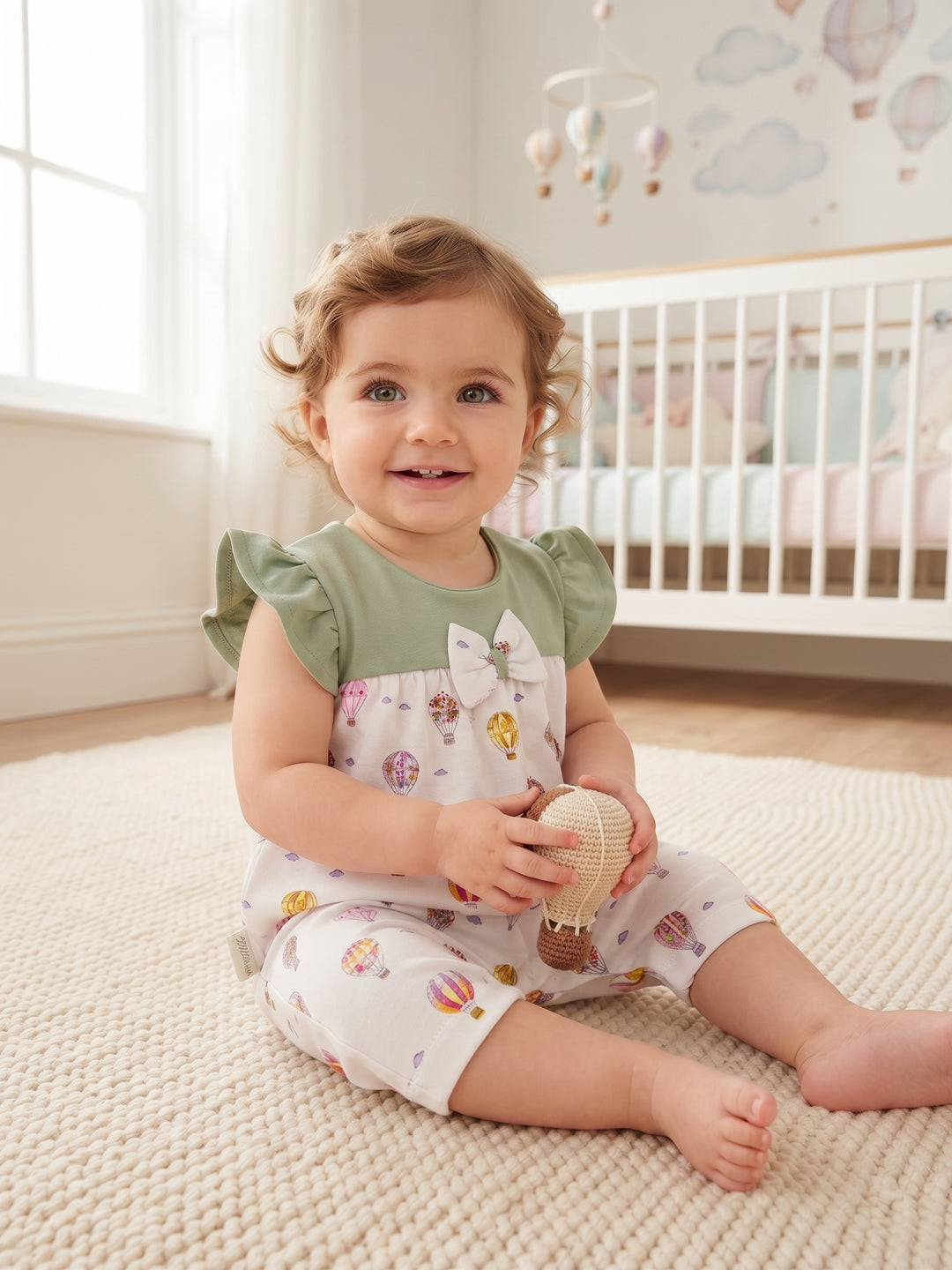 Baby Girl Flutter Sleeve Hot Air Balloon Print Romper with Bow Accent