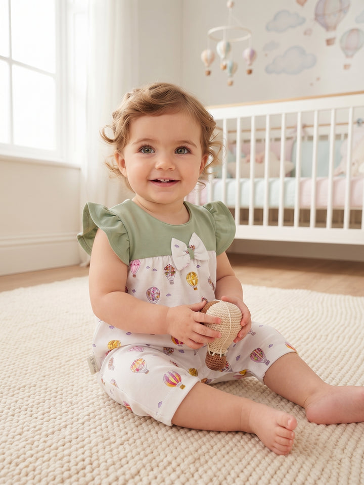 Baby Girl Flutter Sleeve Hot Air Balloon Print Romper with Bow Accent