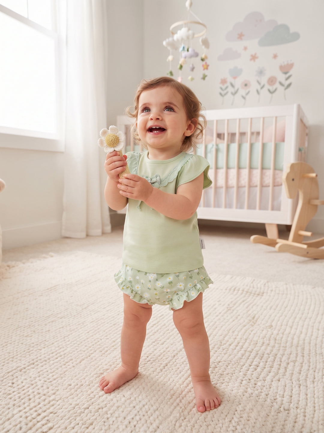 Flutter Sleeve Lace Accent Top with Ruffled Daisy Print Short Set