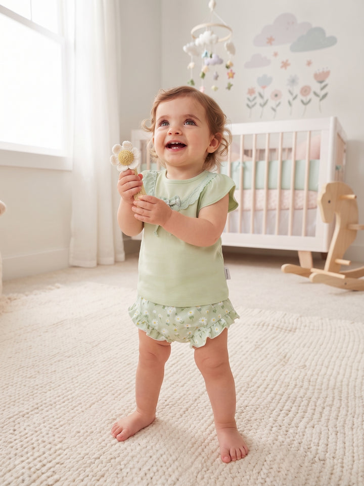 Flutter Sleeve Lace Accent Top with Ruffled Daisy Print Short Set