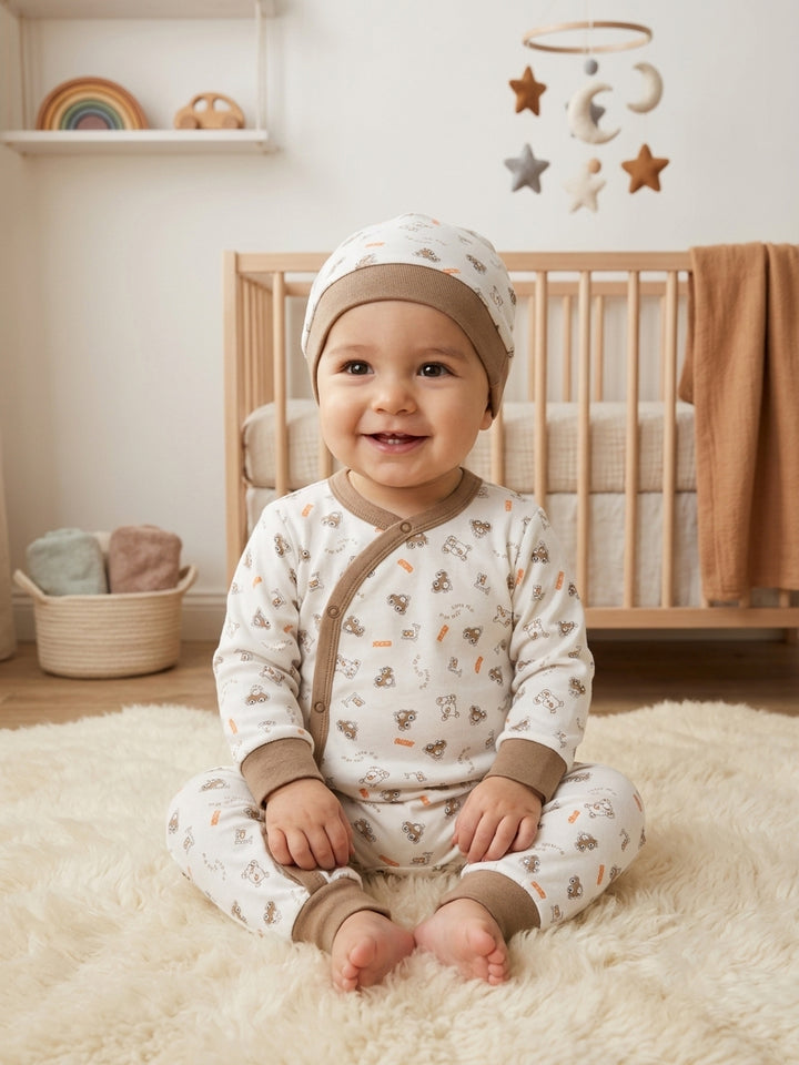 Organic Cotton Kimono Baby Jumpsuit & Beanie Set