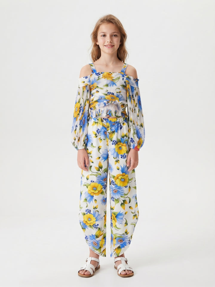 Girls' Floral Print Pleated Off-Shoulder Top & Tulip Pants Set