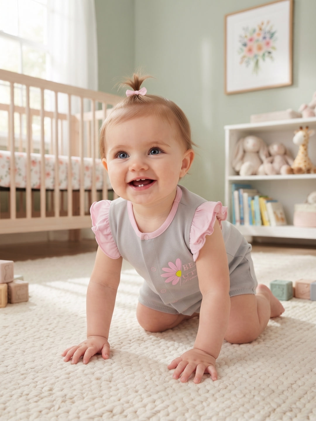Baby Girl Daisy Print Side-Snap Flutter Sleeve Romper - Heather Grey