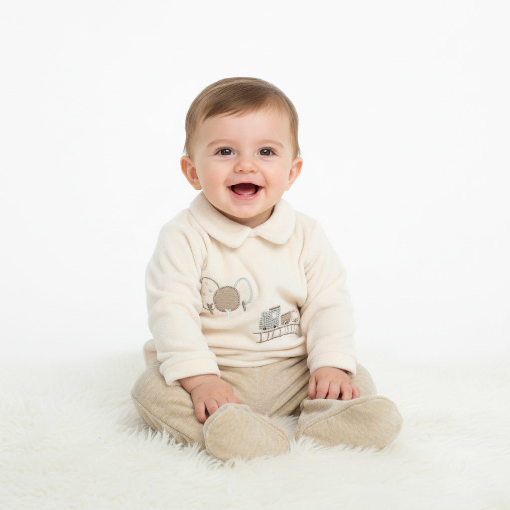 Train & Trees Collar Top with Footed Pants Set