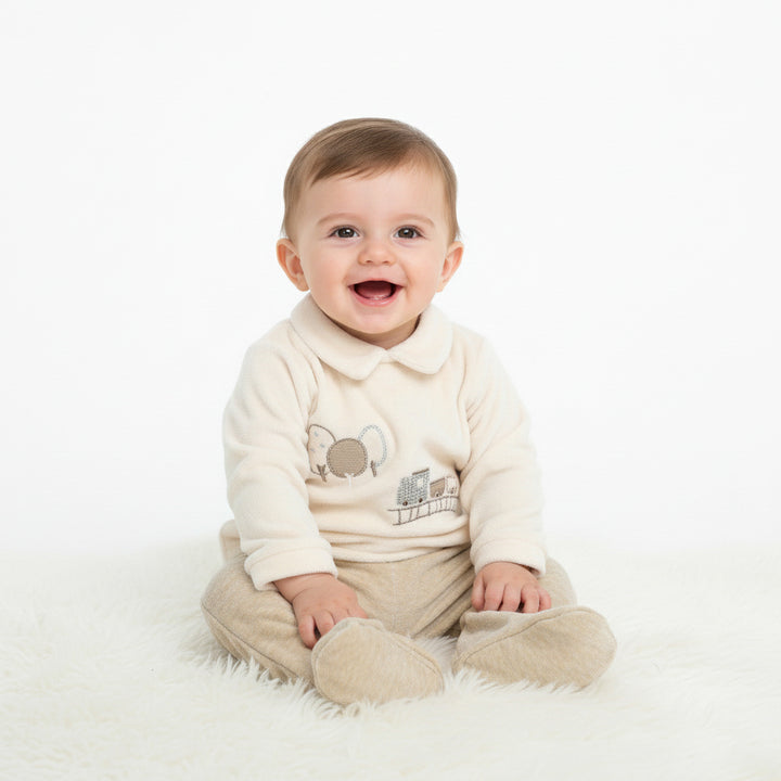 Train & Trees Collar Top with Footed Pants Set