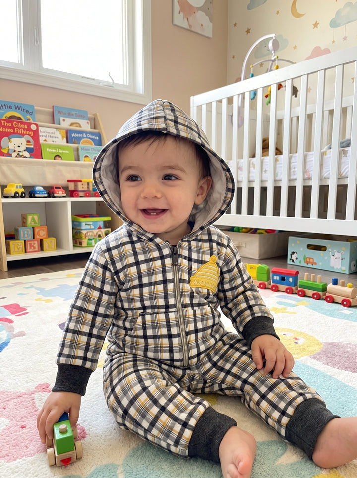 Plaid Beanie-Badge Hooded Baby Romper
