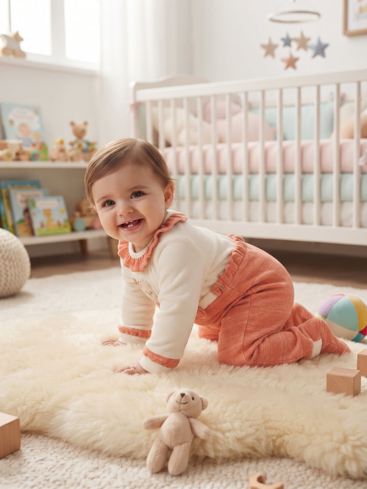Cozy Ruffle Collar Bear Embroidered Baby Footed Sleepsuit