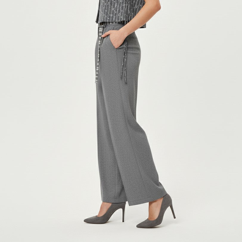 High-Waisted Wide-Leg Pleated Trousers with Striped Belt Detail