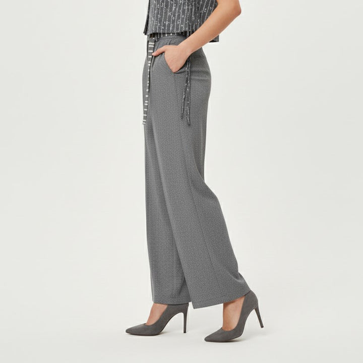 High-Waisted Wide-Leg Pleated Trousers with Striped Belt Detail