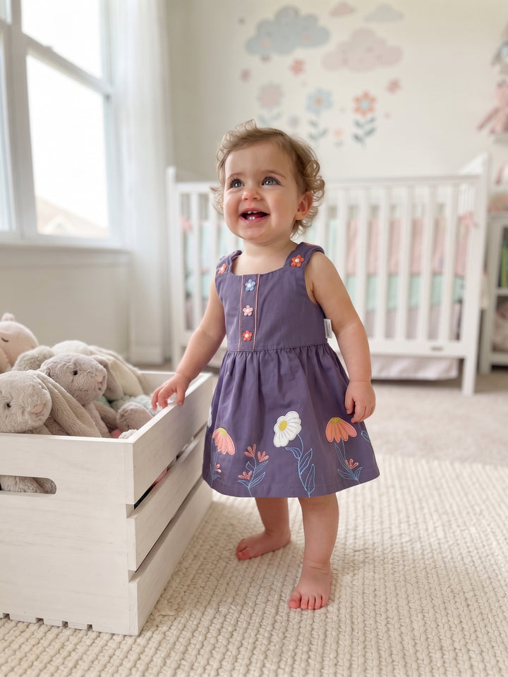 Dusty Purple Floral Embroidered Baby Pinafore Dress