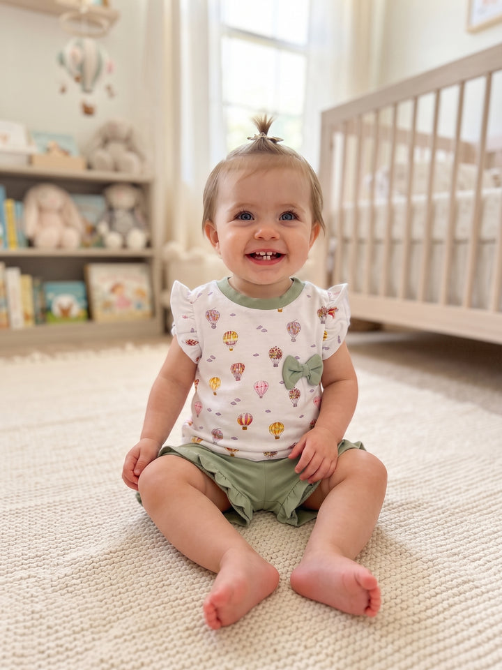 Baby Girl Hot Air Balloon Flutter Top & Ruffled Shorts 2-Piece Set
