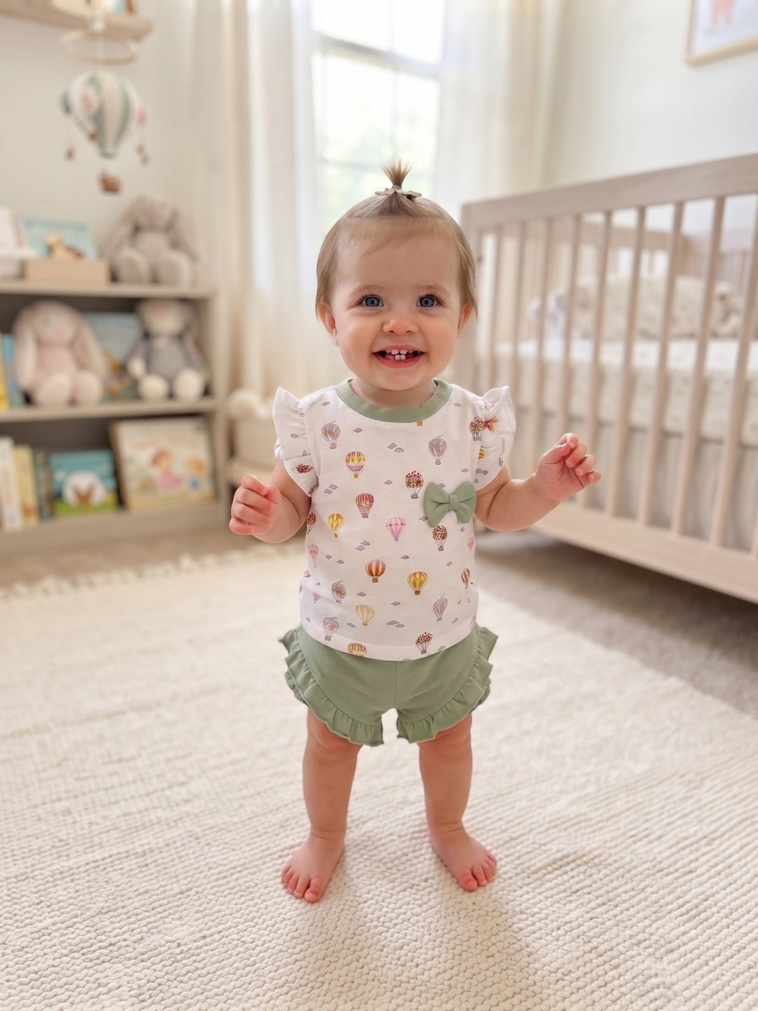 Baby Girl Hot Air Balloon Flutter Top & Ruffled Shorts 2-Piece Set