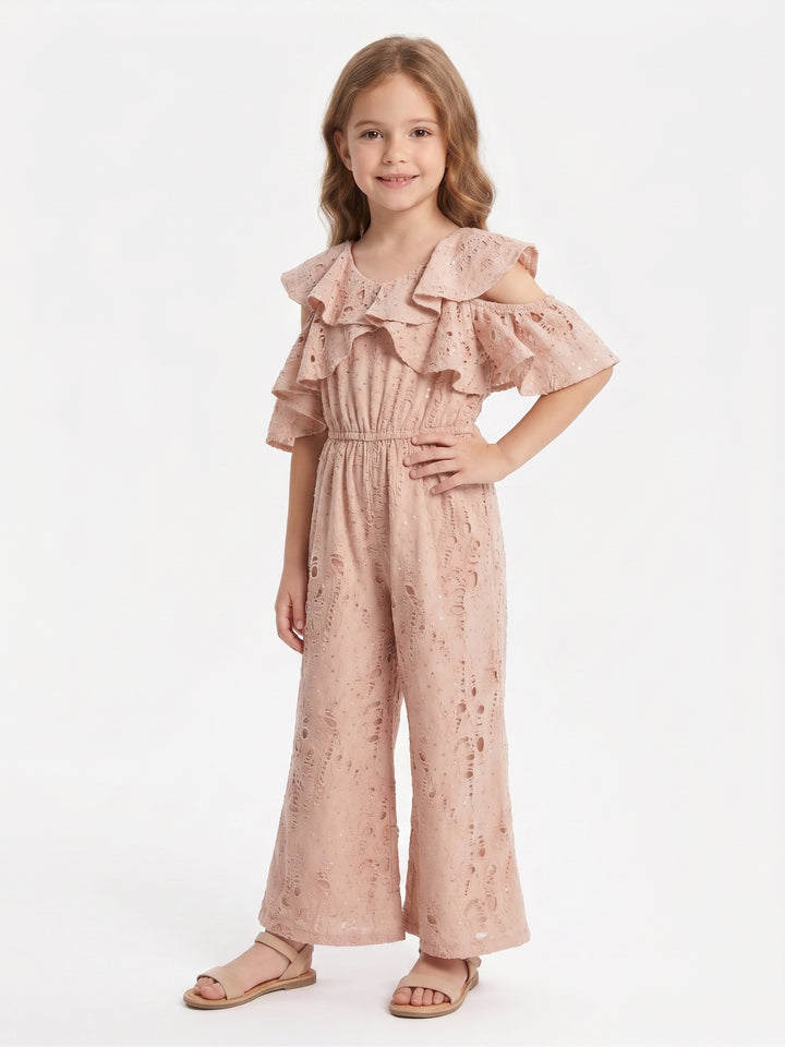 Girls' Cold-Shoulder Ruffle Jumpsuit with Sequins