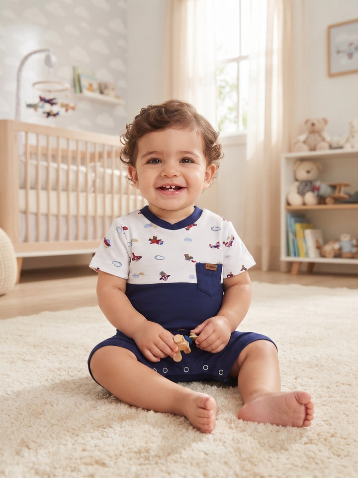 Baby Boy Airplane Colorblock Shortall Romper