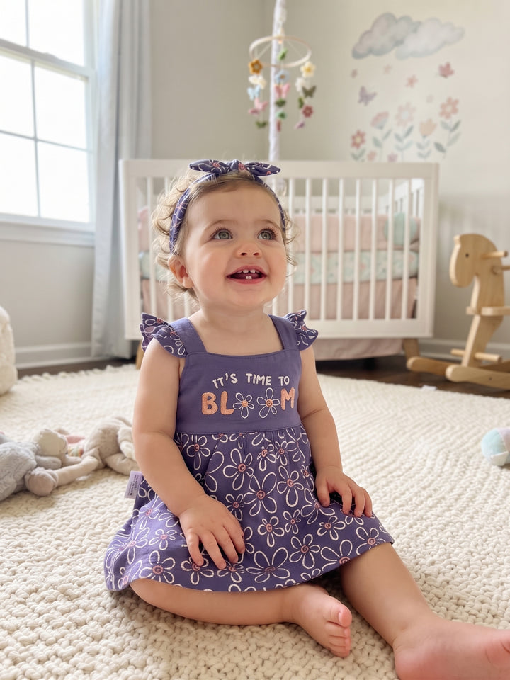 Dusty Purple Floral Embroidered Baby Pinafore Dress