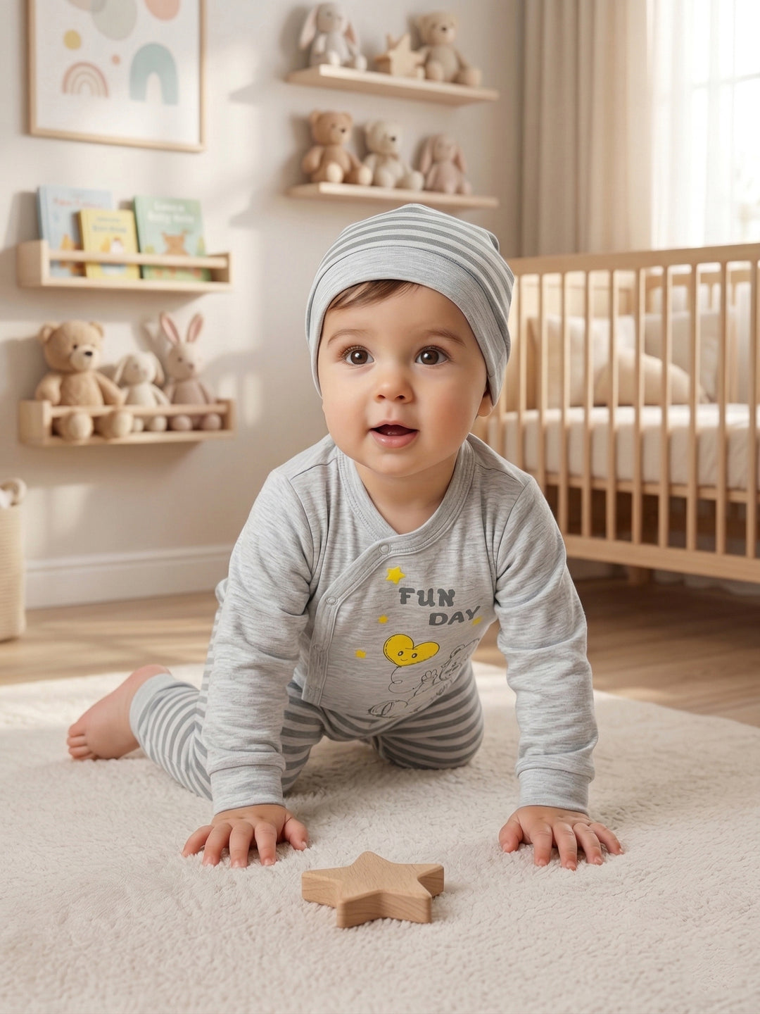 "Fun Day" Grey Bear Set & Striped Beanie
