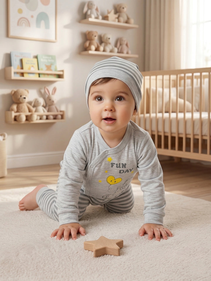 "Fun Day" Grey Bear Set & Striped Beanie
