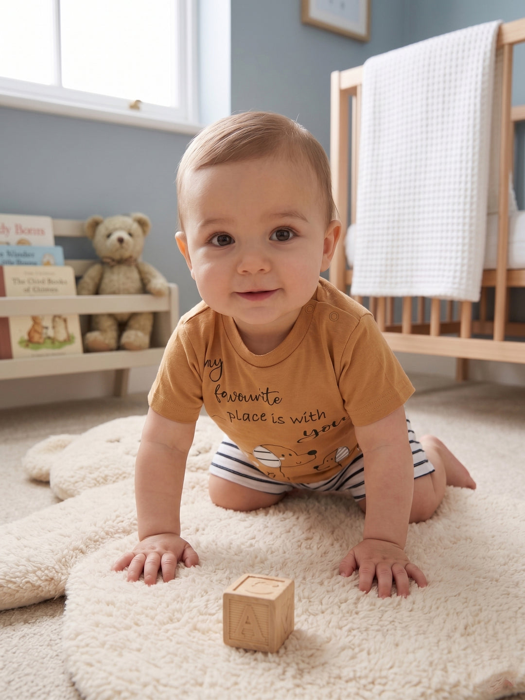 Cozy Mustard Puppy Tee & Stripes Set