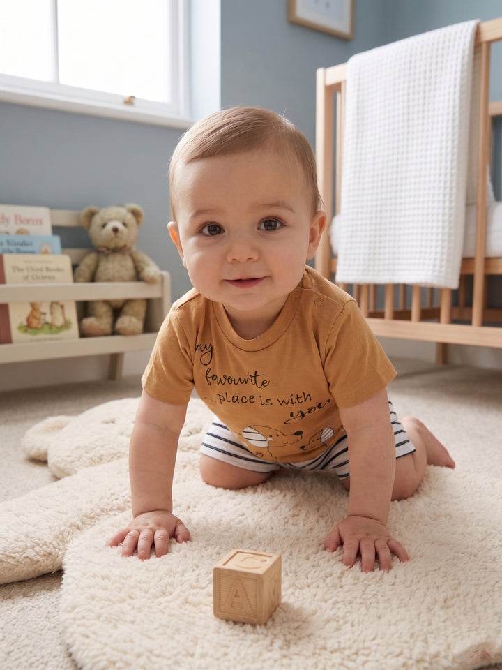 Cozy Mustard Puppy Tee & Stripes Set