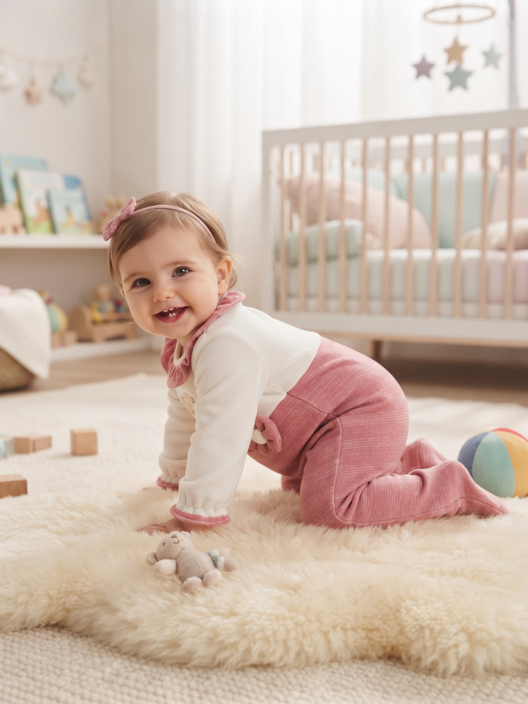 Cozy Ruffle Collar Bear Embroidered Baby Footed Sleepsuit