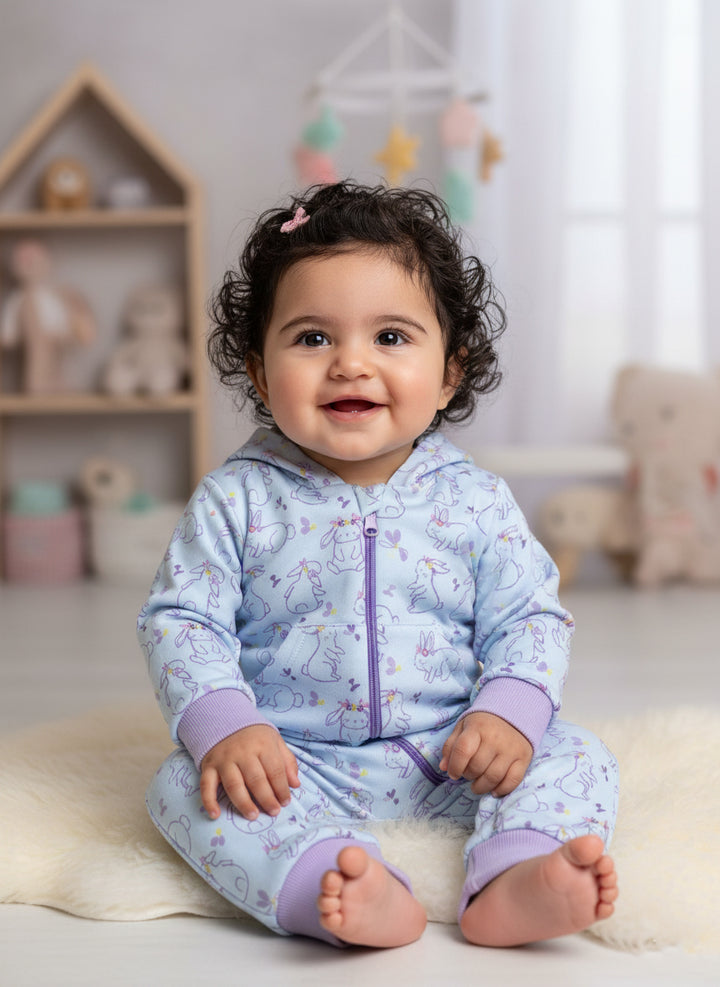 Bunny Print Hooded Zip Romper