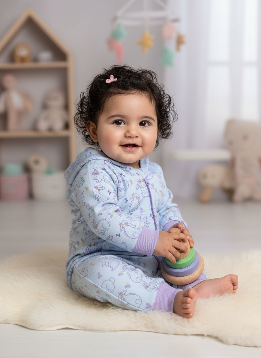 Bunny Print Hooded Zip Romper