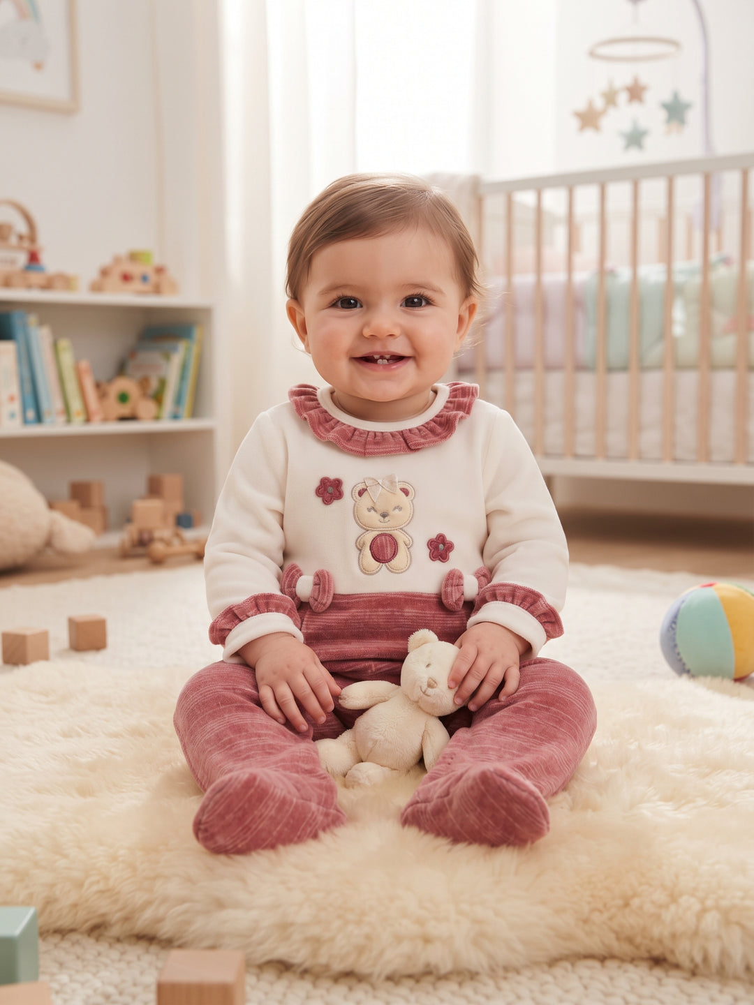Cozy Ruffle Collar Bear Embroidered Baby Footed Sleepsuit
