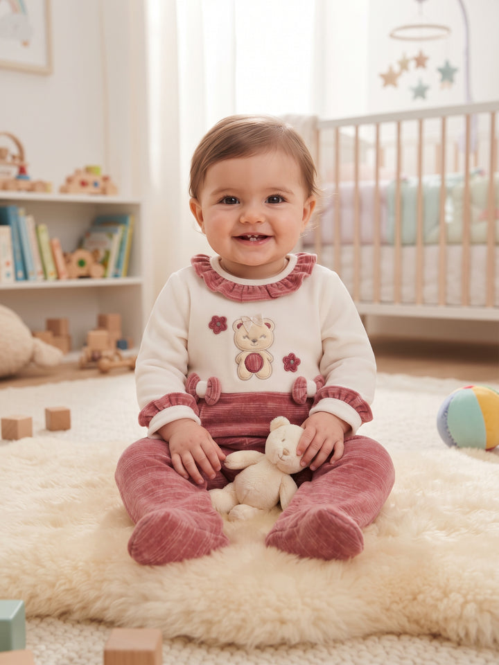 Cozy Ruffle Collar Bear Embroidered Baby Footed Sleepsuit