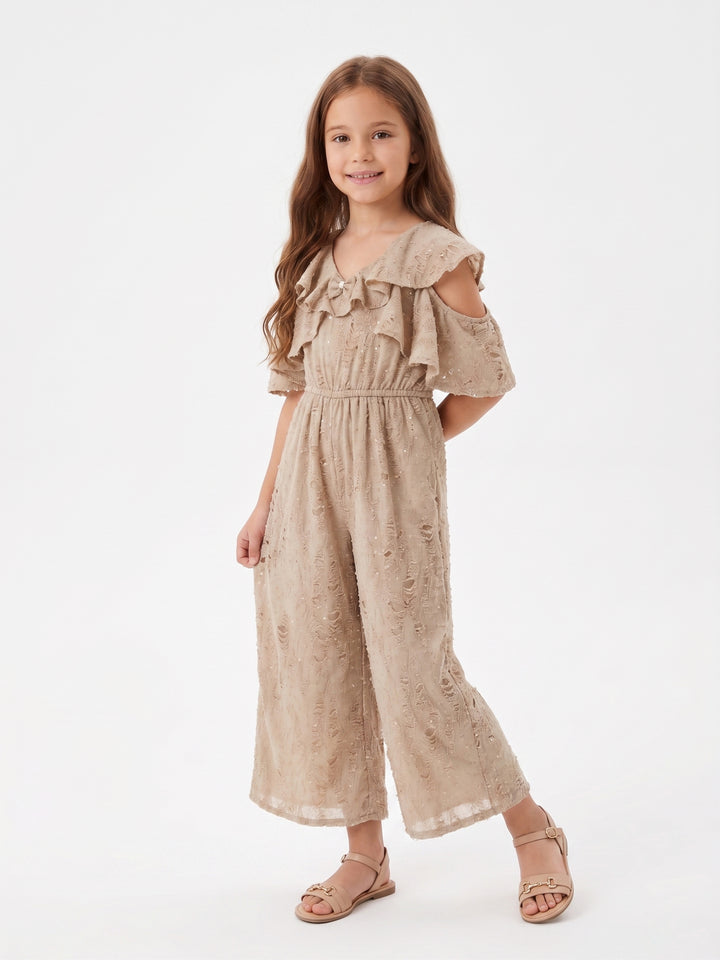 Girls' Cold-Shoulder Ruffle Jumpsuit with Sequins